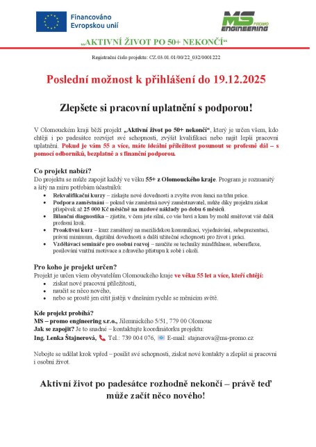 Aktivní život po 50+ nekončí ! - poslední možnost k přihlášení